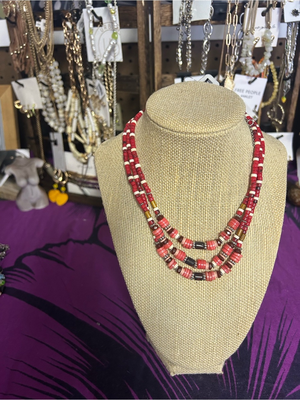 NWT Free People 3 layer red beaded necklace